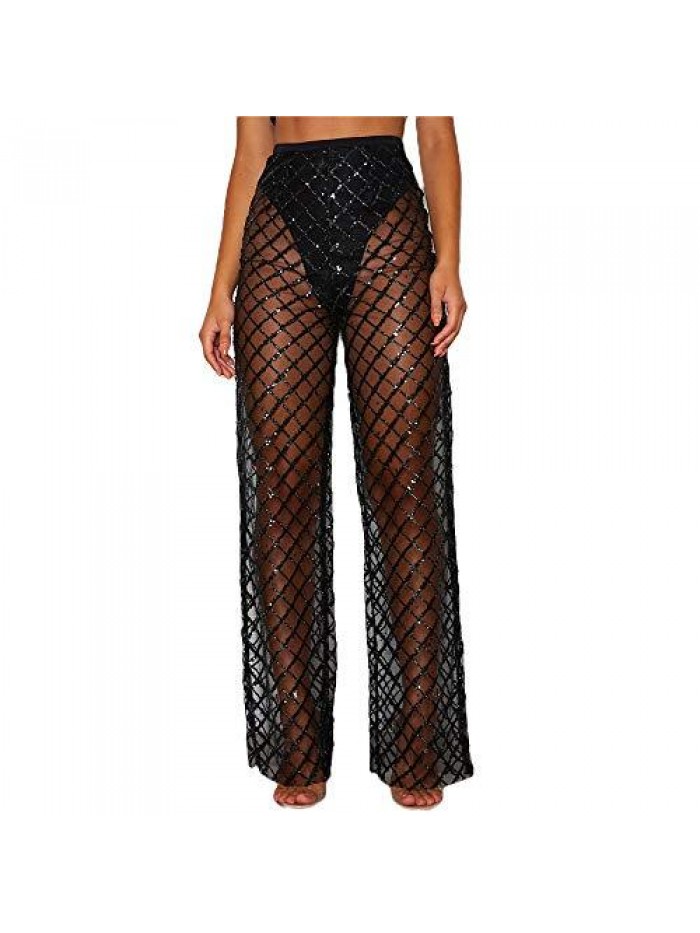 Sexy See Through Fishnet Pants High Waist Sheer Mesh Long Pant Sequins Wide Leg Trousers Sparkly Rave Club wear 