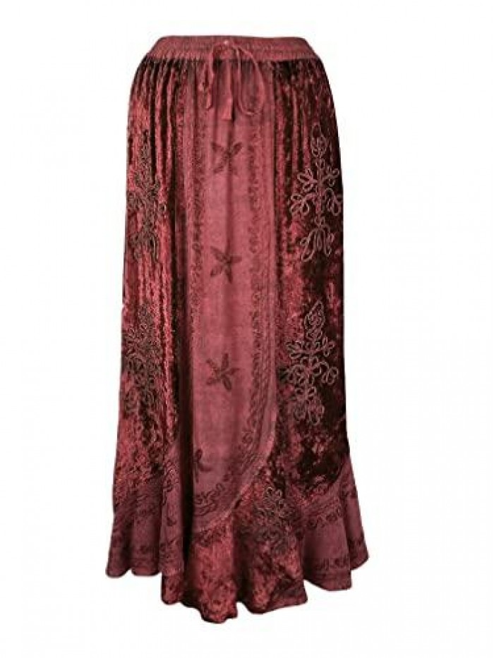 Traders Women's Bohemian Gothic Embroidered Velvet Flared Scalloped Hem Elastic Waistband Drawstring Long Maxi Skirt 