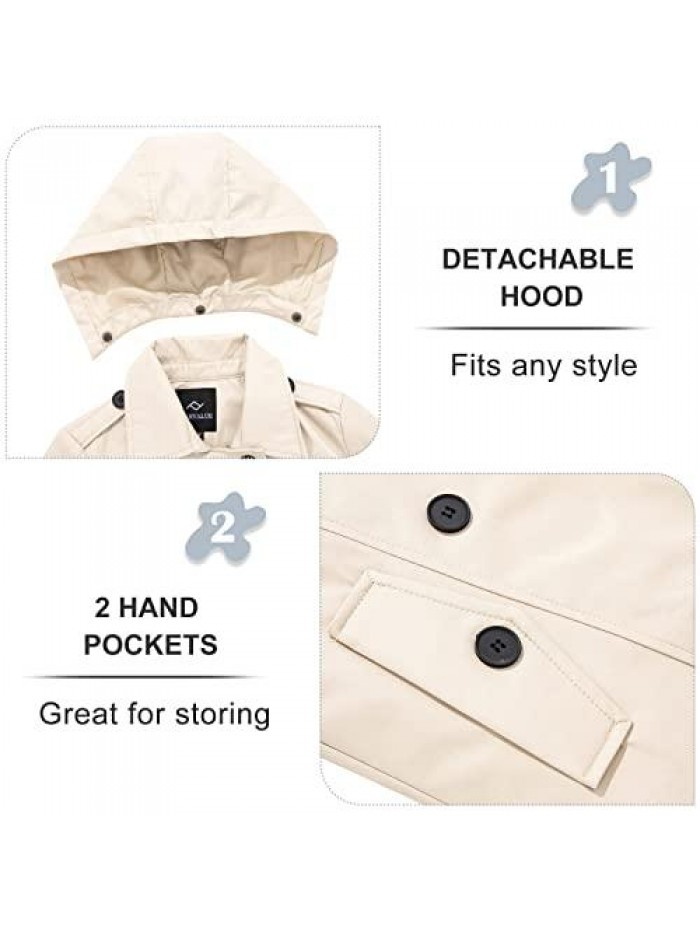 Women's Waterproof Trench Coat Double Breasted Windbreaker Classic Belted Lapel Overcoat with Removable Hood 