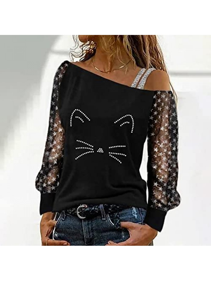 Tops for Women Sexy Long Sleeve Bling Tops Cold Shoulder Blouses Party Casual Pullover Fall Clothes 