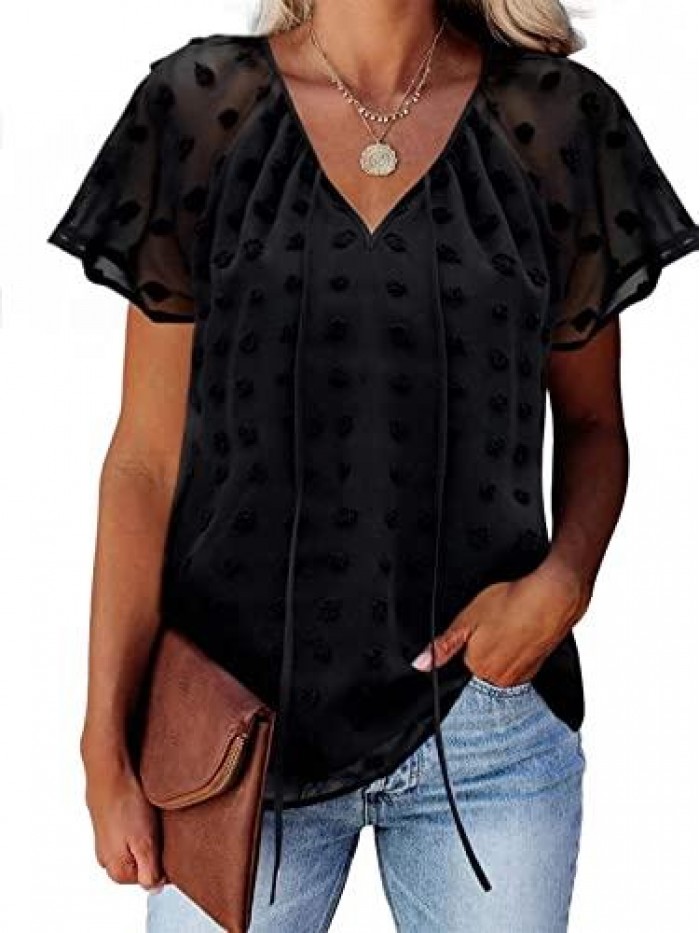 Jelly Womens White Chiffon Blouses V Neck Short Sleeve Shirts Summer Casual Dressy Polka Dot Tops 