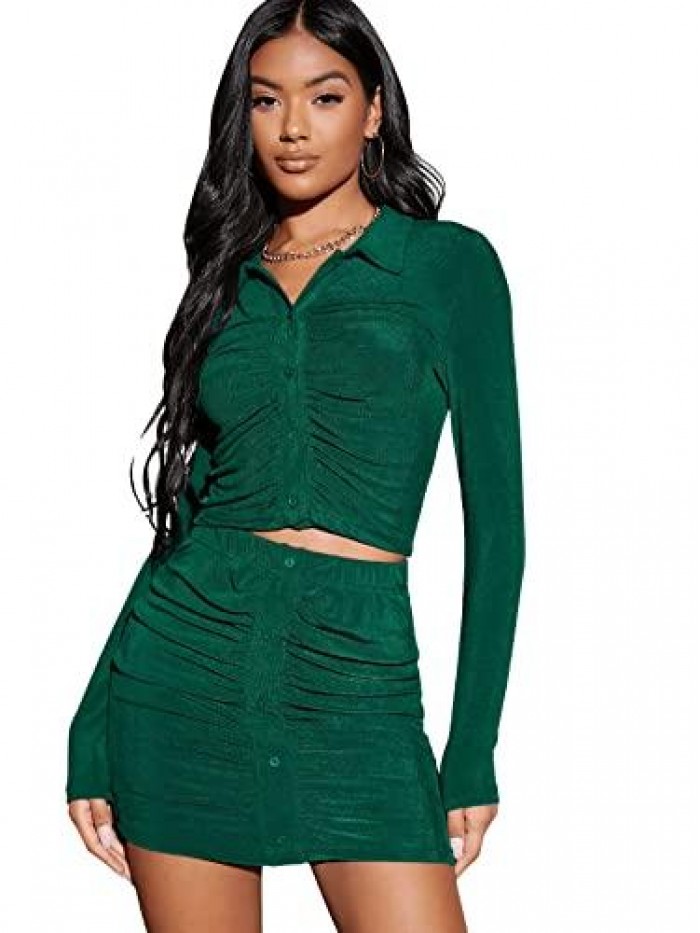 Women's 2 Piece Outfits Button Down Long Sleeve Ruched Crop Tee with Bodycon Mini Skirt Set 