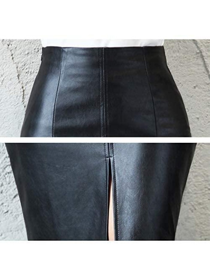 Faux Leather Skirt High Waisted Stretch Split Midi Hip Skirt 