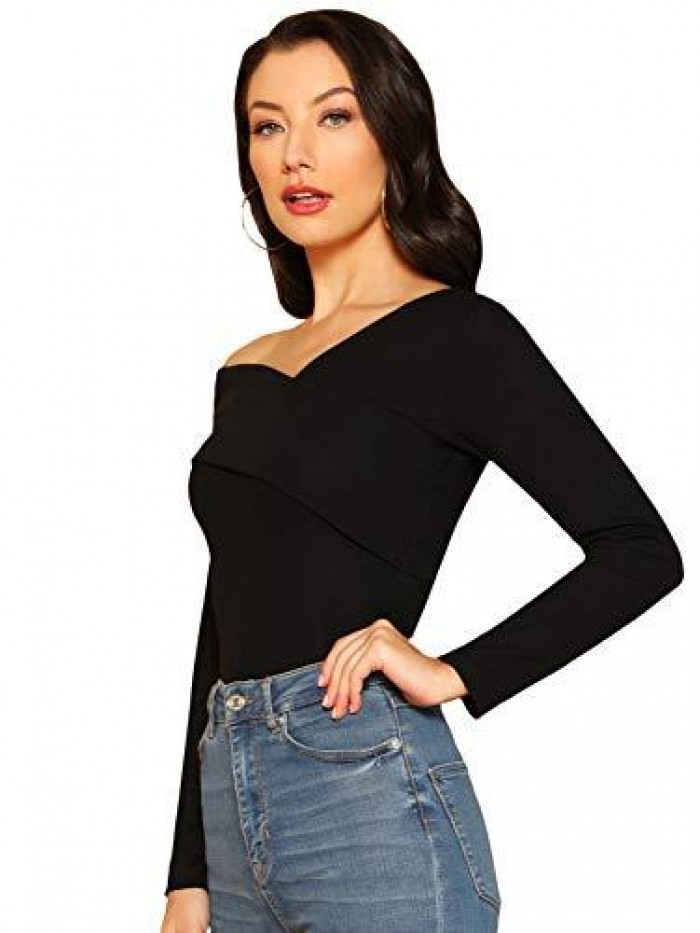 Women's Casual Cross Off Shoulder Deep V Neck Ribbed Knit Slim Wrap Tee Shirt Blouse 