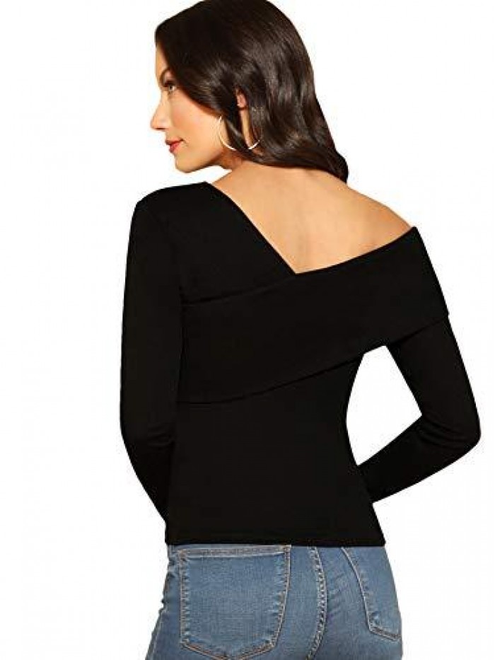 Women's Casual Cross Off Shoulder Deep V Neck Ribbed Knit Slim Wrap Tee Shirt Blouse 