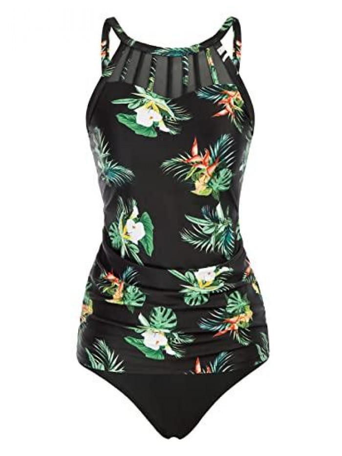 Women's Tankini Swimsuits High Neck Swimwear Top Ruched Tummy Control Floral Print Bathing Suit 