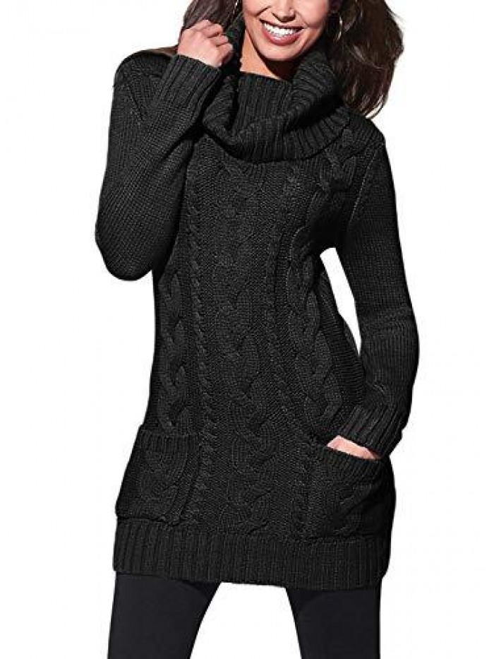 Womens Turtleneck Long Sleeve Elasticity Chunky Cable Knit Pullover Sweaters Jumper 