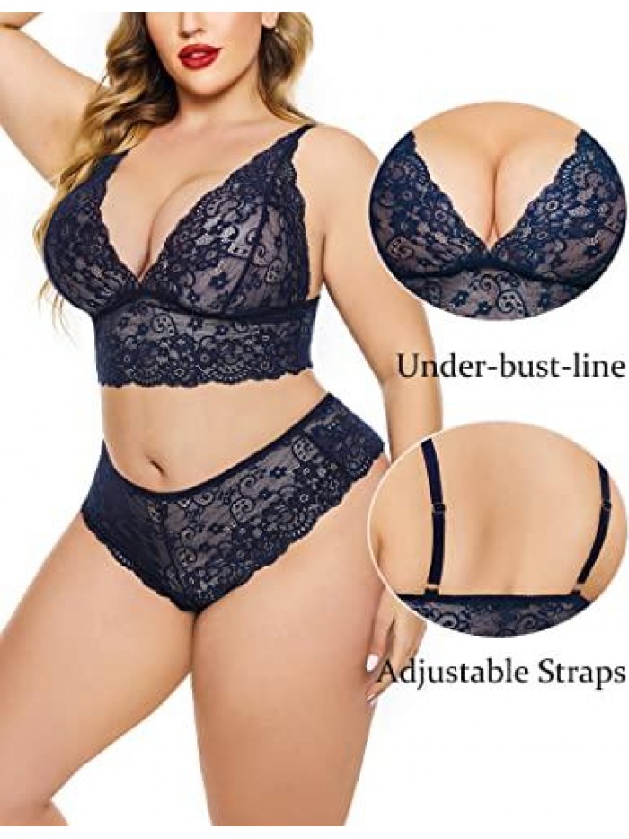 Plus Size Lingerie Set Lace Bralette and Panty Set High Waist Babydoll 