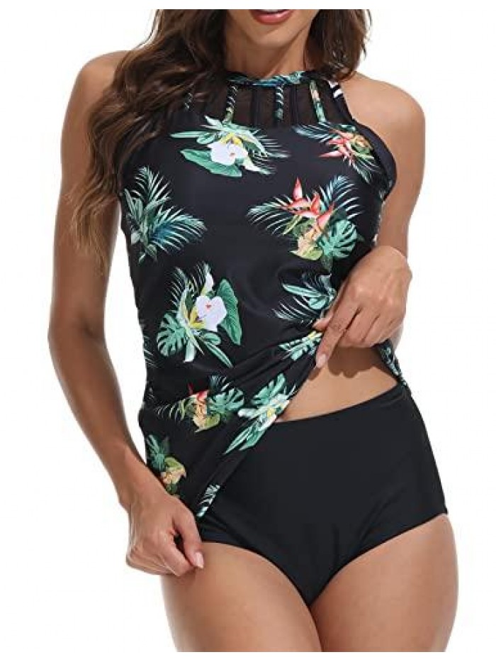 Women's Tankini Swimsuits High Neck Swimwear Top Ruched Tummy Control Floral Print Bathing Suit 