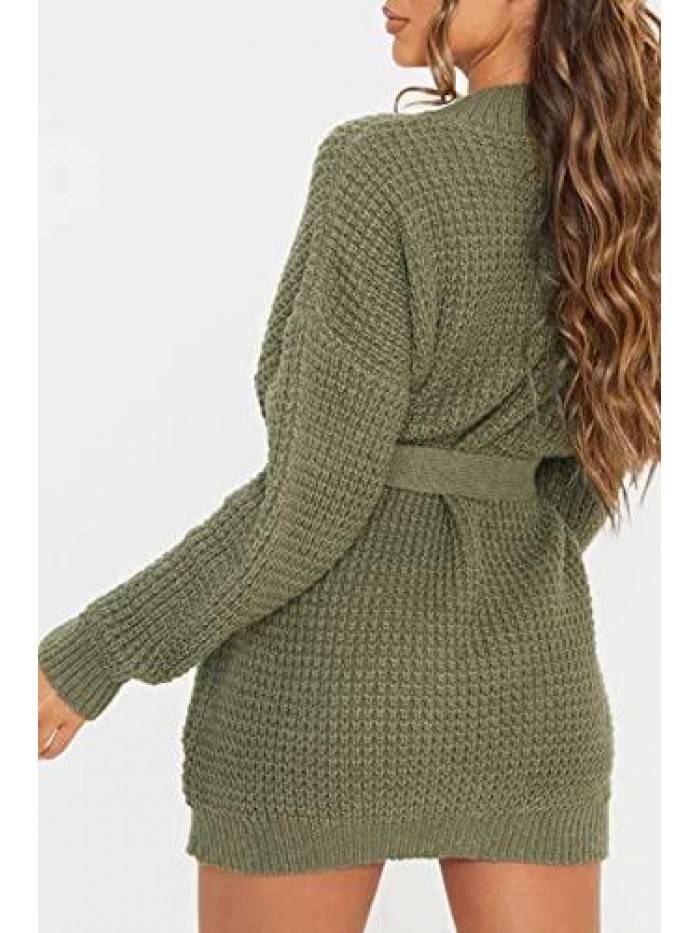 Women's Casual Long Sleeve Waffle Knit Tie Waist Loose Pullover Tunic Sweater Dress 