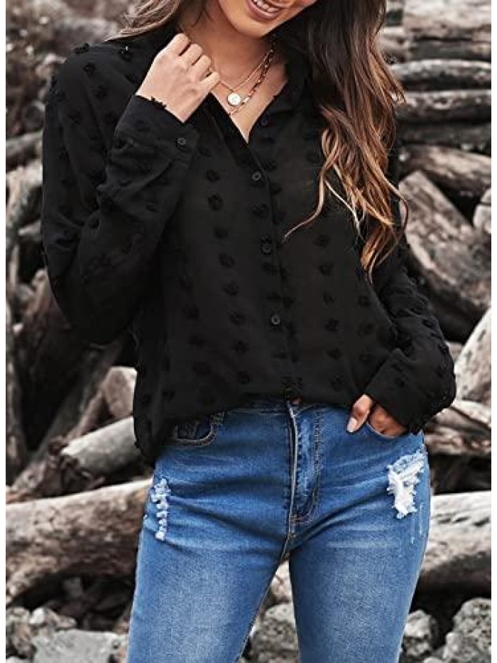 Womens V Neck Chiffon Blouse Pom Pom Long Sleeve Button Shirt Tops 