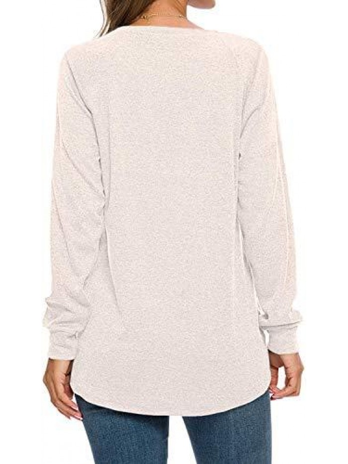 Women's Long Sleeve Round Neck Casual T Shirts Blouses Sweatshirts Tunic Tops with Pocket 