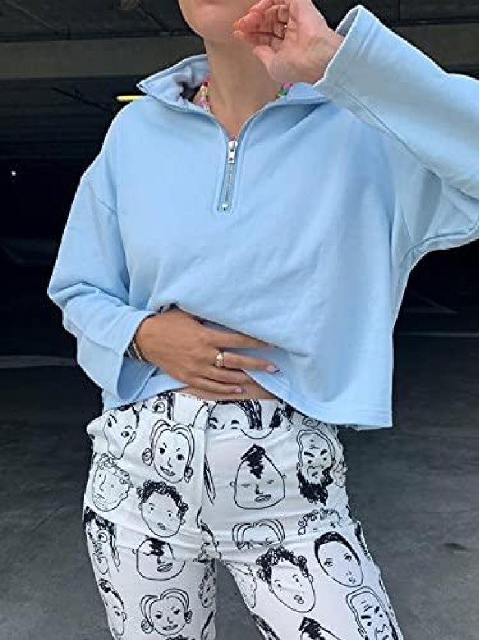 Oversized Half Zip Lapel Sweatshirt Solid Color Casual Long Sleeve Cropped Pullover Top 