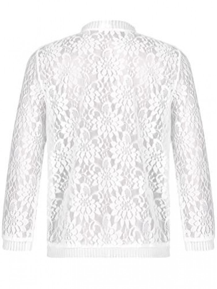 Women's Lace Crochet Cardigan Shrug Long Sleeve Lightweight Open Front Knitted Sweater 