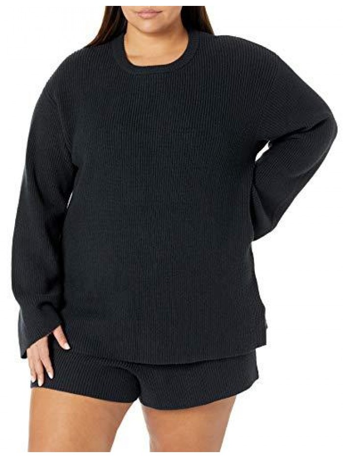 Drop Women's Alice Crewneck Back Slit Ribbed Pullover Sweater 