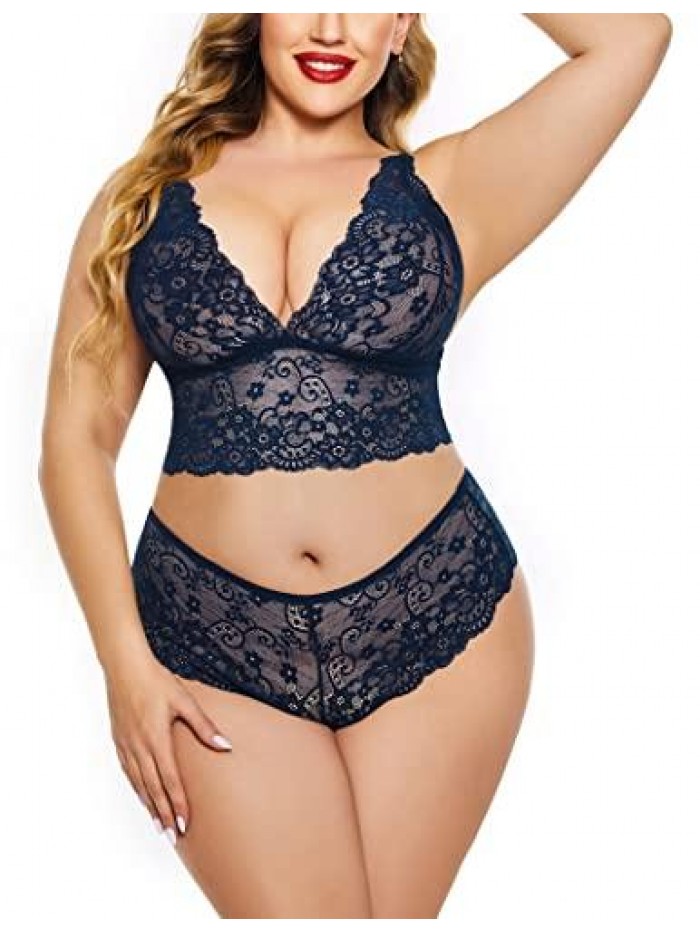 Plus Size Lingerie Set Lace Bralette and Panty Set High Waist Babydoll 