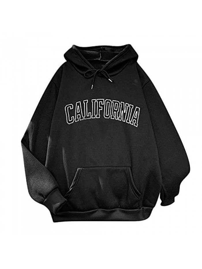 California Letter Print Hooded Sweatshirt Hoodies for Women Long Sleeve Pocket Pullover Trendy Plus Size Oversized Tops 