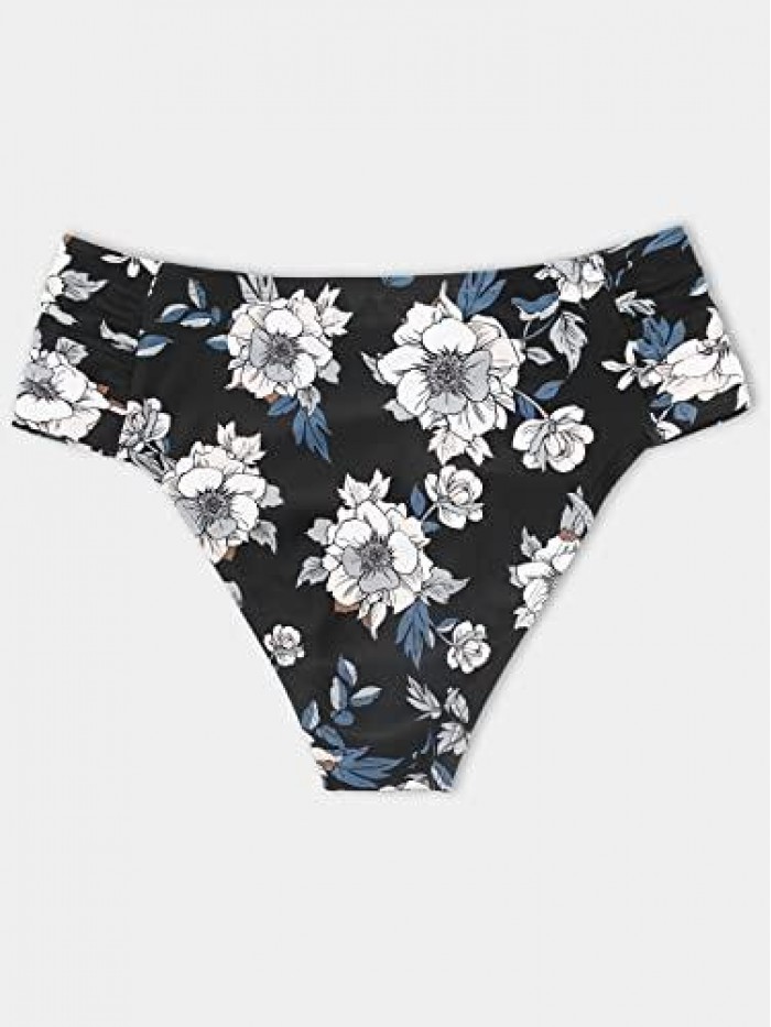 Women Floral Side Shirred Hipster Plus Size Bikini Bottom 