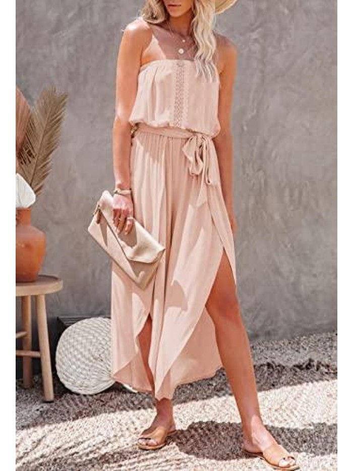 Women's Strapless Tube Top Jumpsuit Slit Wide Leg Pants Romper with Belt 