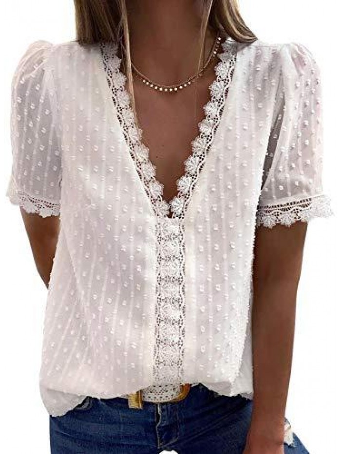 Womens Sexy Lace V Neck Tops Casual Jacquard Pom Pom Shirt Blouse 