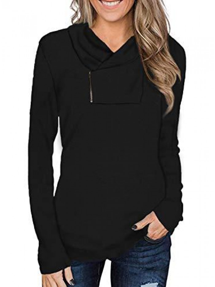 Women's Long Sleeve Pullover Zipper Cowl Neck Tops Solid Sporty Sweatshirts 