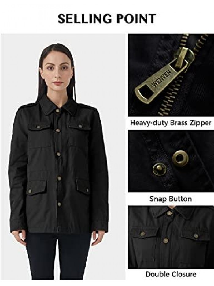 Women's Lapel Light Canvas Twill Cotton Military Jacket with Drawstring 