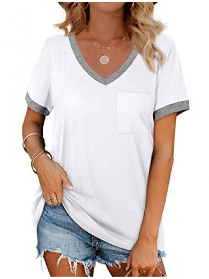 Womens T Shirts Short Sleeve V Neck Loose Casual Summer Tops with Pocket 