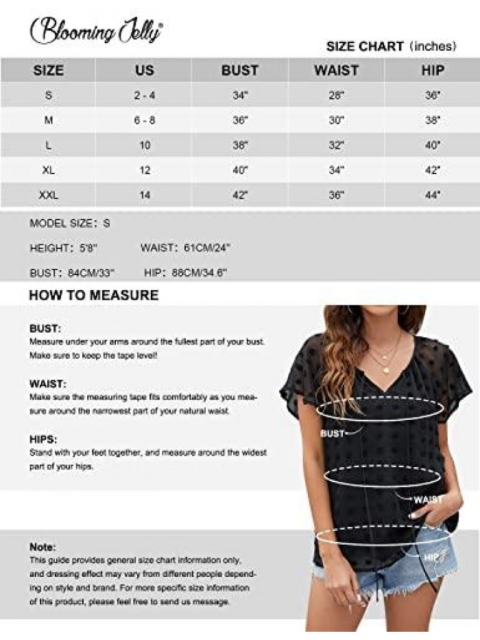 Jelly Womens White Chiffon Blouses V Neck Short Sleeve Shirts Summer Casual Dressy Polka Dot Tops 