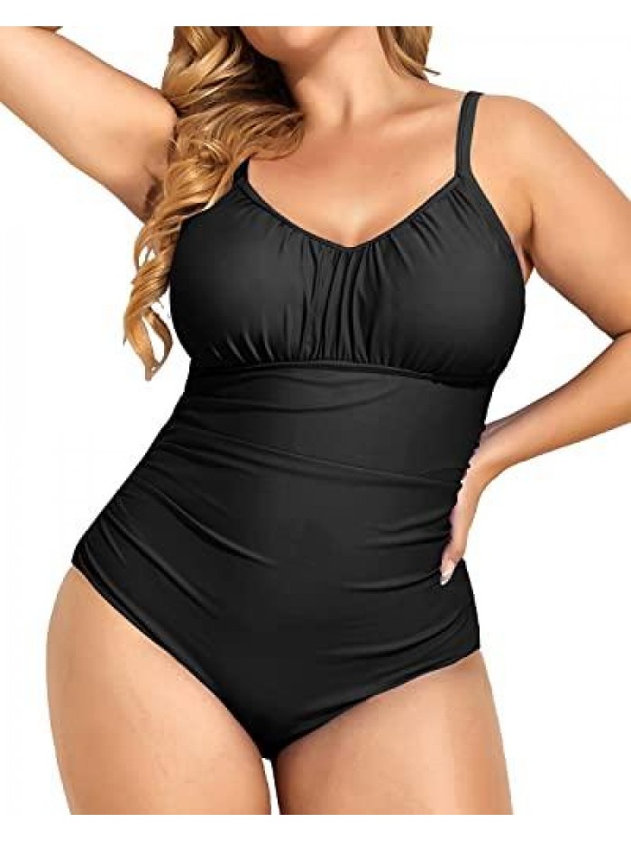 Eve Plus Size Bathing Suit for Women Tummy Control One Piece Swimsuit Vintage Ruched Swimwear 