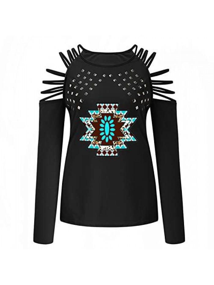 Cold Shoulder Tops with Rhinestone Design Strppy Shirts Sexy Long Sleeve Aztec Vintage Western Tshirts Tops 