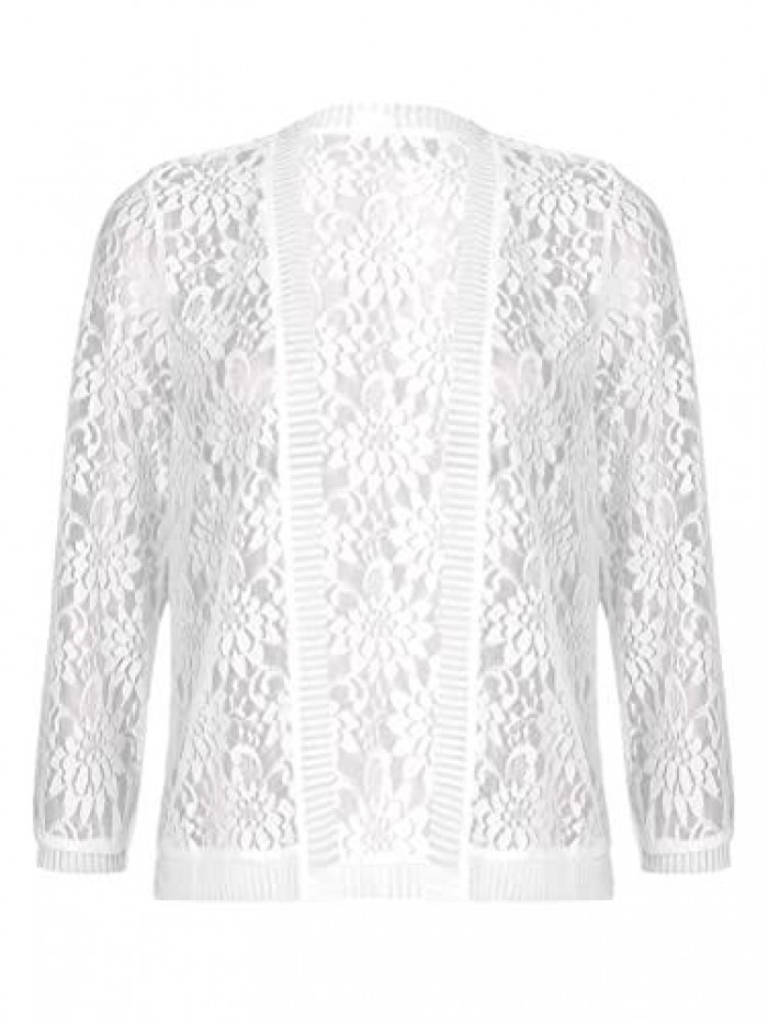 Women's Lace Crochet Cardigan Shrug Long Sleeve Lightweight Open Front Knitted Sweater 