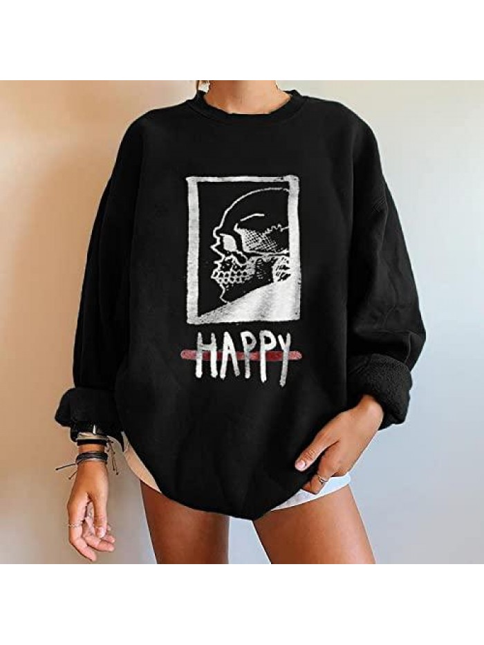 Skeleton Print Oversized Sweatshirts Casual Crewneck Distressed Vintage Fit Pullover Loose Cozy Long Sleeve Tunic Tops 