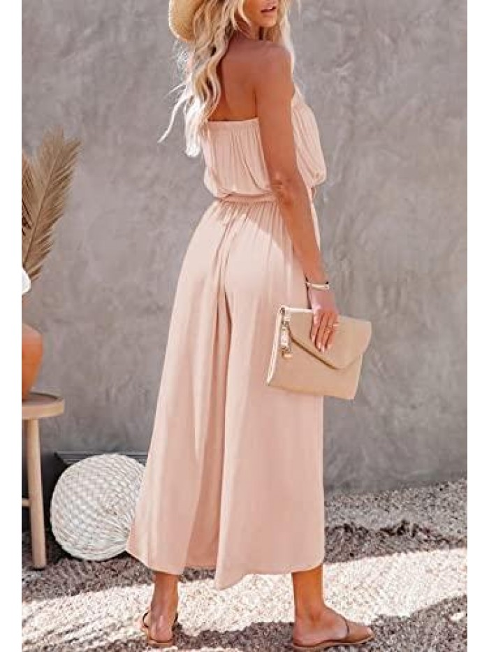 Women's Strapless Tube Top Jumpsuit Slit Wide Leg Pants Romper with Belt 