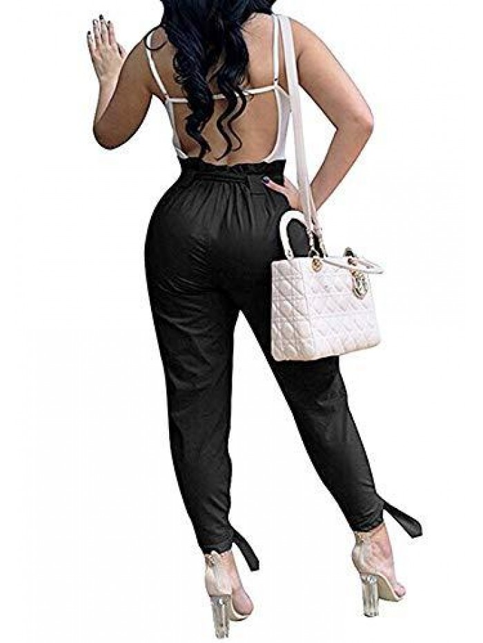 Women's Casual Loose Paper Bag Waist Long Pants Trousers with Bow Tie Belt Pockets 