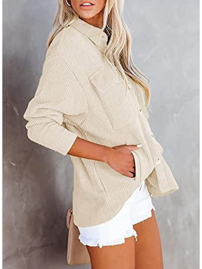 Womens Corduroy Long Sleeve Button Down Shirts Casual Jacket Tops Shacket 