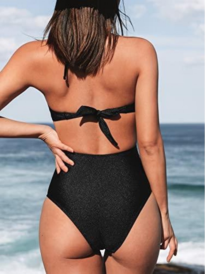 Women One Piece Swimsuit V Neck Halter Cut Out Criss Cross Front Self Tie Monokini Bathing Suit 