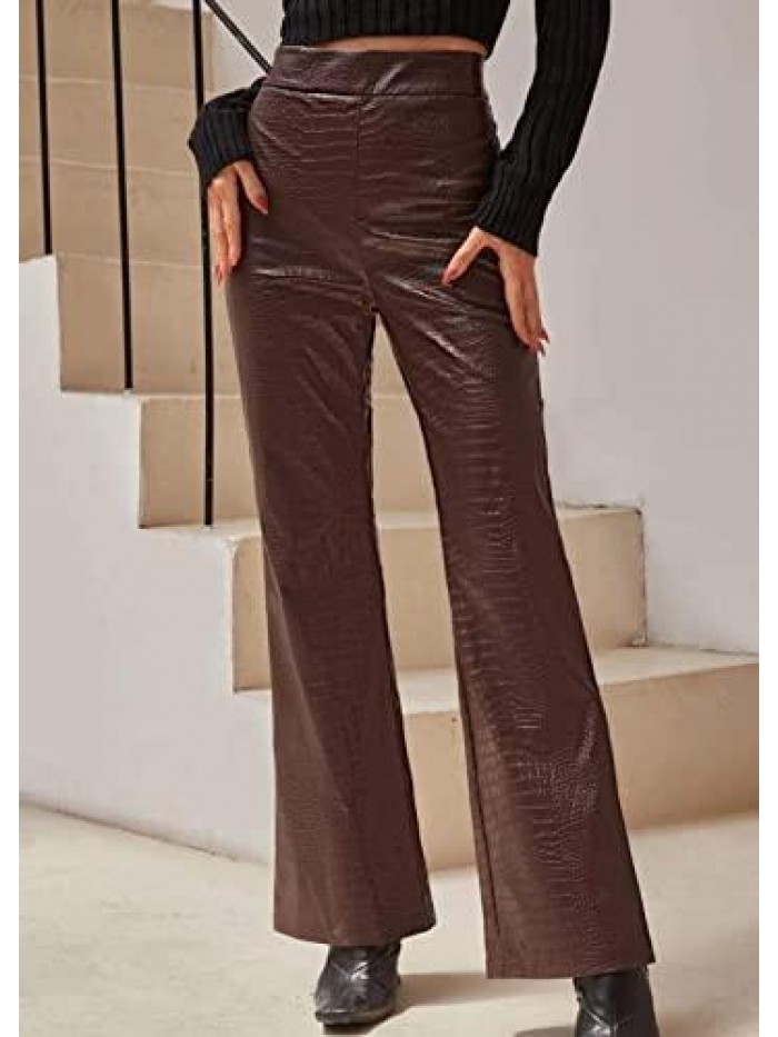 Crocodile Effect Straight Leg PU Leather Trousers High Waist Faux Leather Pants 