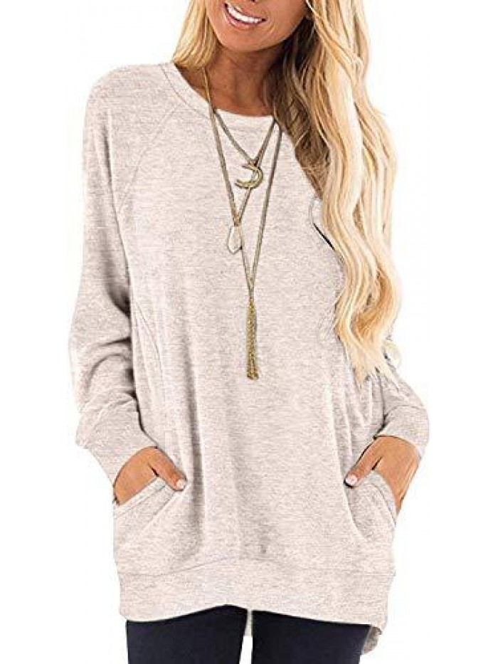 Women's Long Sleeve Round Neck Casual T Shirts Blouses Sweatshirts Tunic Tops with Pocket 