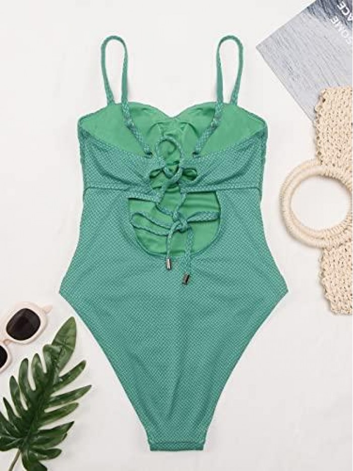 Women's Textured One Piece Swimsuit Lace Up Back High Cut Bathing Suit with Adjustable Spaghetti Straps 