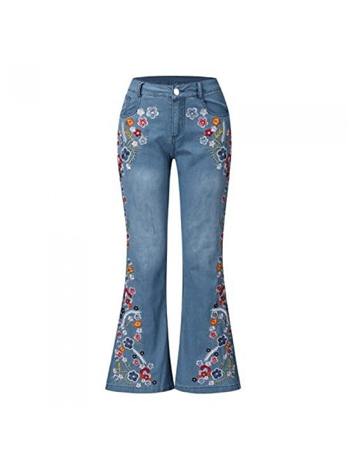 Bottom Flare Jeans for Womens Chic Floral Embroidered Broad Feet Denim Pants Girls Trend Straight Leg Jeans  