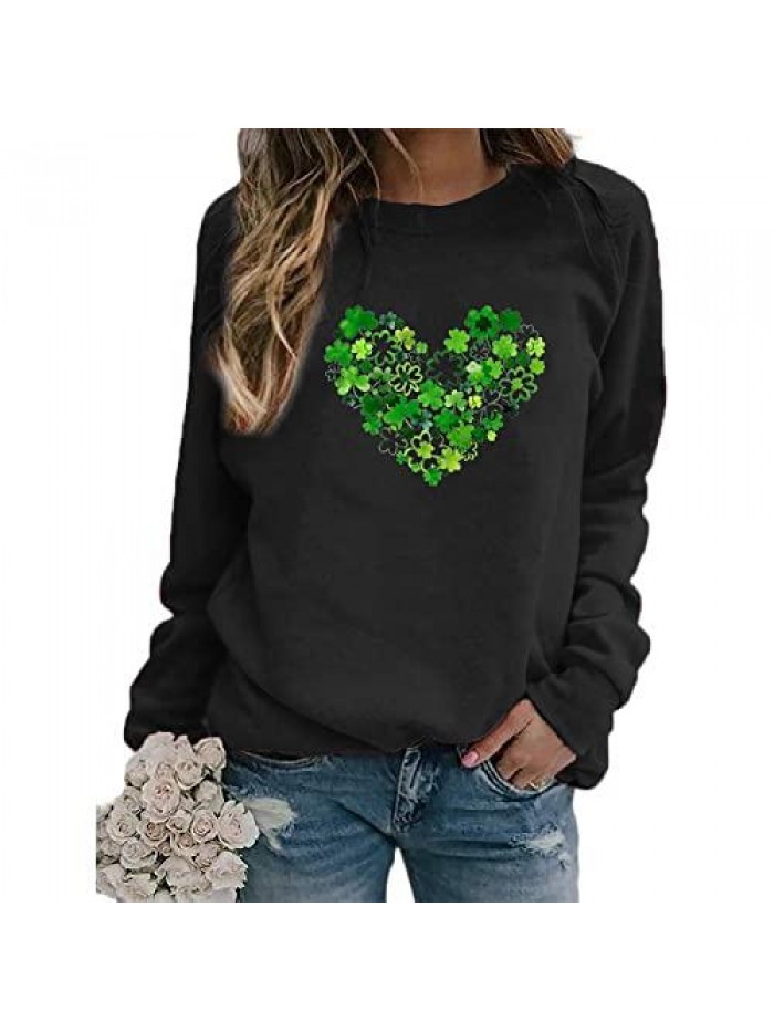 Sleeve Shirts for Women Trendy St. Patrick's Day Four Leaf Print Crewneck Sweatshirts Loose Fit Plus Size Blouses 