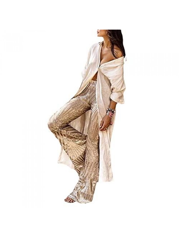 Sequin Bell Bottoms for Women Glitter High Waist Wide Leg Palazzo Pants Casual Sparkle Flared Trousers Disco Pants 