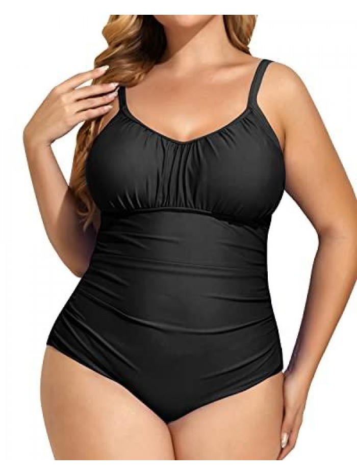 Eve Plus Size Bathing Suit for Women Tummy Control One Piece Swimsuit Vintage Ruched Swimwear 