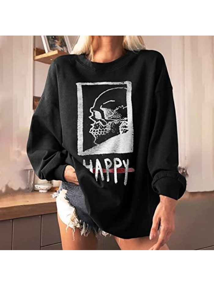 Skeleton Print Oversized Sweatshirts Casual Crewneck Distressed Vintage Fit Pullover Loose Cozy Long Sleeve Tunic Tops 