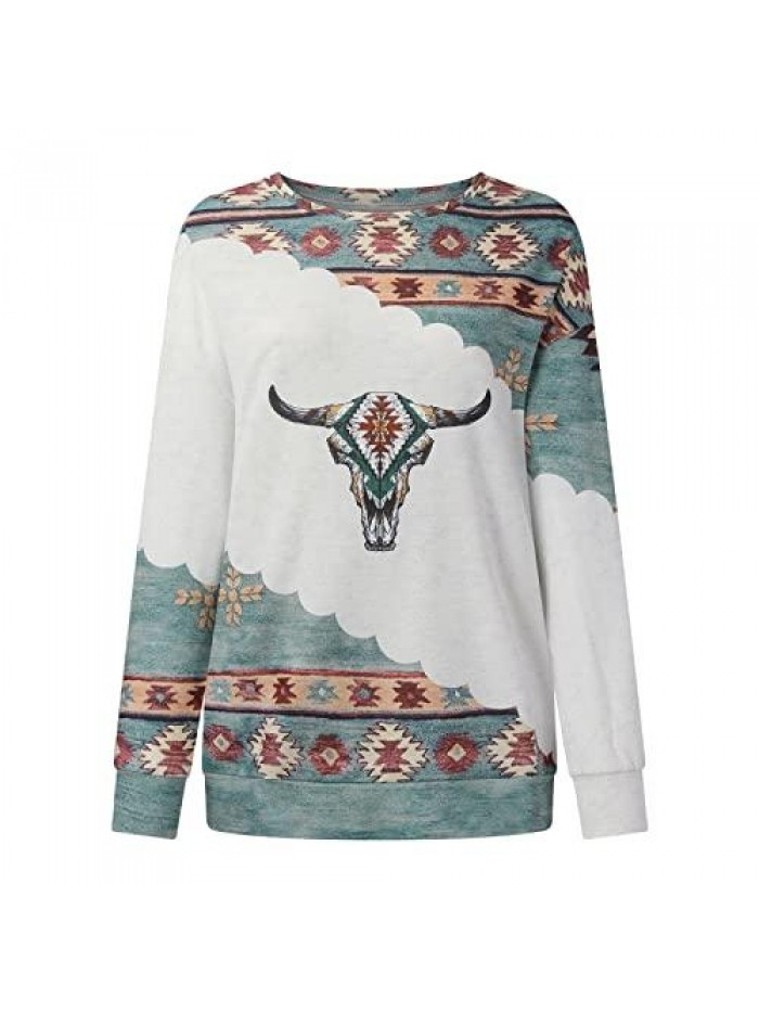 Sleeve Shirts for Women Western Aztec Ethnic Print Lightweight Sweatshirt Round Neck Long Sleeve T Shirt Casual Top 