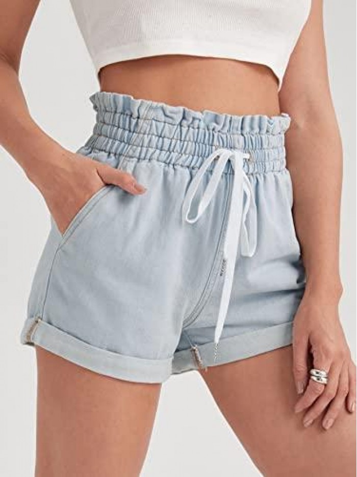 Women's Elastic High Waisted Denim Shorts Rolled Hem Jean Shorts with Pockets 