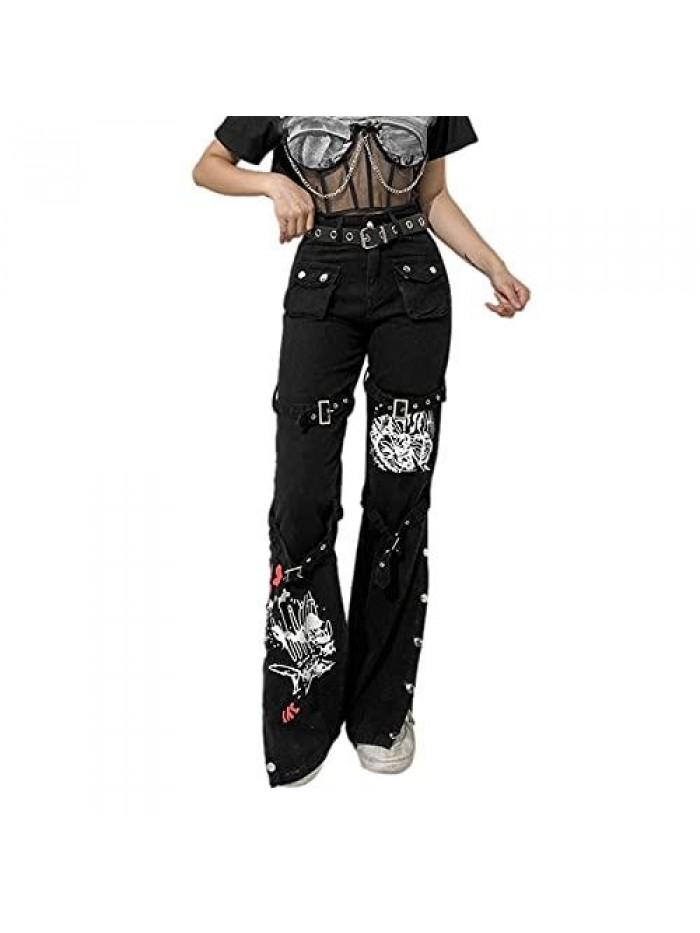 Women Harajuku Goth Pants Wide Leg Low Rise Baggy Pants Grunge Gothic Cargo Pants with Chain Streetwear 