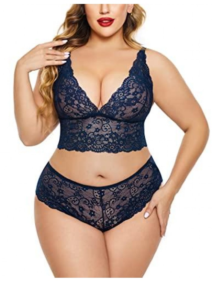 Plus Size Lingerie Set Lace Bralette and Panty Set High Waist Babydoll 