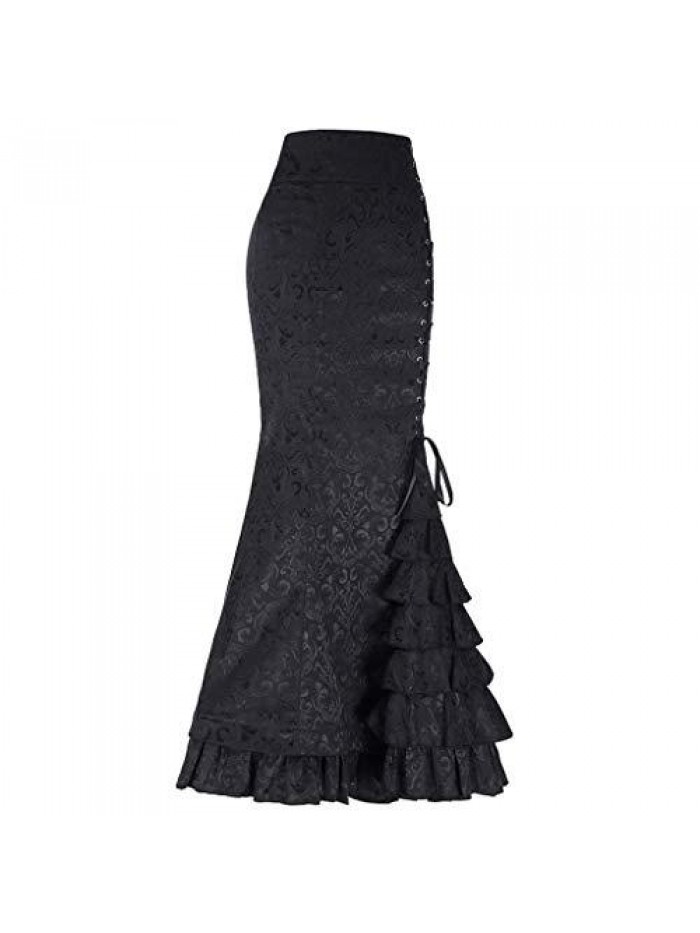 Gothic Ruffled Steampunk Vintage Fishtail Mermaid Skirt Victorian High Waist Retro Maxi Skirt 