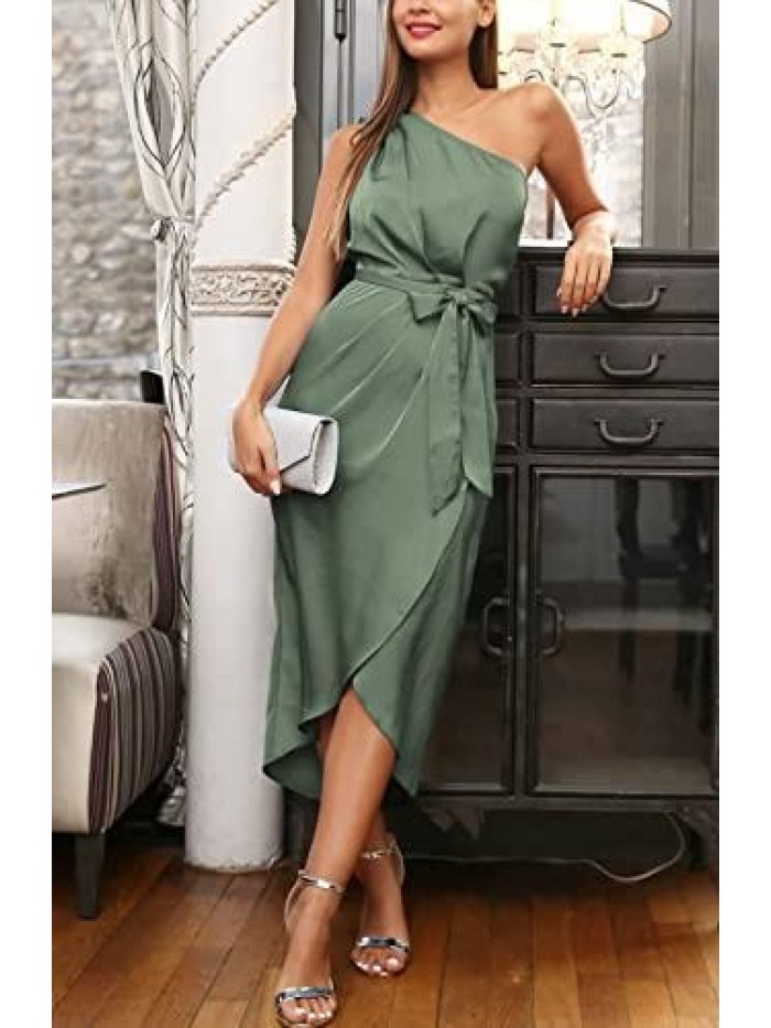 Women's Ruched Bodycon Dress Asymmetrical Sleeveless One Shoulder Wrap Satin Belted Cocktail Midi Dress 